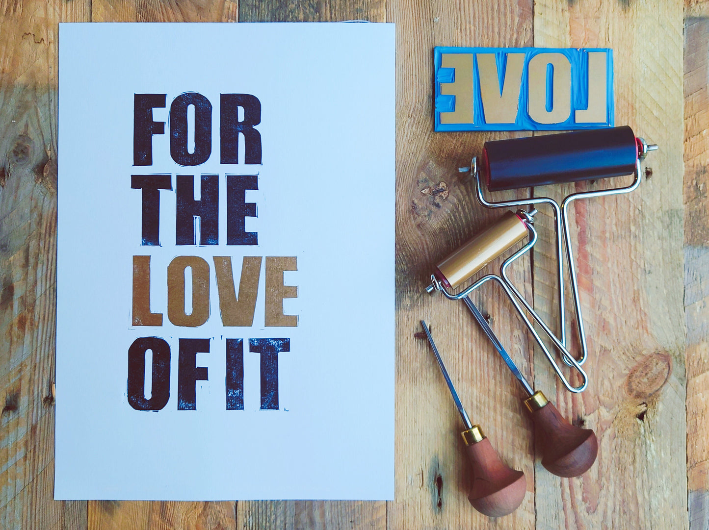 Original linocut print - 'For the Love of It' (Black and Gold) -Home Decor, Wall Art