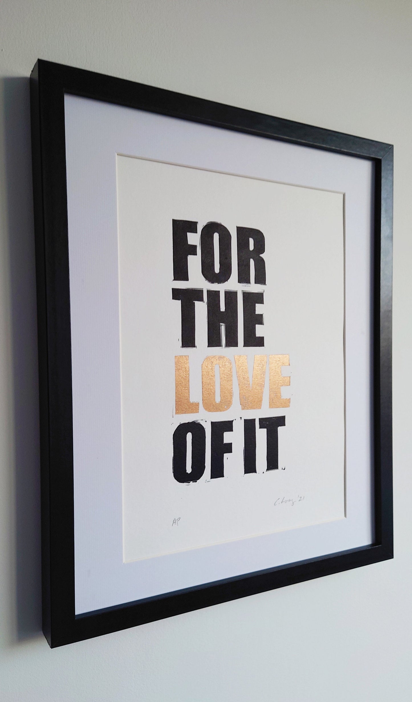 Original linocut print - 'For the Love of It' (Black and Gold) -Home Decor, Wall Art