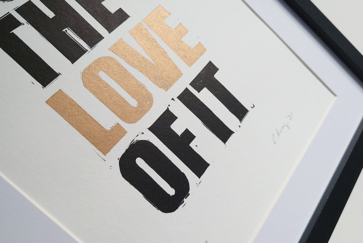 Original linocut print - 'For the Love of It' (Black and Gold) -Home Decor, Wall Art
